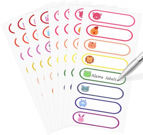 Dimeho 64 Pcs Name Tag Labels Waterproof Write-On Bottle Labels for Daycare Self-Laminating Adhesive Name Badge Stickers Assorted Pattern for School Office Family Themed Party