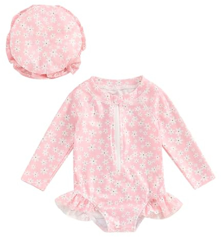 Tollder Maillot de bain une pièce à manches longues et fermeture éclair pour fille Motif floral, D-rose avec chapeau, 18-24 mois