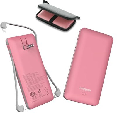 LURBON 10000mAh Portable Charger,USB C Power Bank with Built-in Cables and AC Wall Plug,Travel Essentials External Battery Pack Compatible with iPhone,Samsung,Tablet Smart Device (Pink) …
