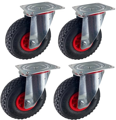 Rollentechnik Satz 4x Lenkrolle ohne Feststeller Luftrad, Ø260x85mm, Stahl, gepresst, schwarz, 450 KG Tragfähigkeit