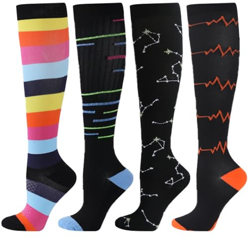 BONANGEL 4 Pares Calcetines de Compresión para Mujeres y Hombres 15 a 20 mmHg Medias de Compresion Deportivos y Médicos para Correr, Vuelo, Viaje, Enfermera, Materna