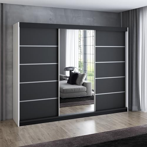 A&J MöbelLand Schwebetürenschrank VILUNO 3 Kleiderschrank 3-türig 200 cm mit Spiegel, 4 Schubladen & 2 Kleiderstangen, Geräumiger Schlafzimmerschrank (Weiß/schwarz)