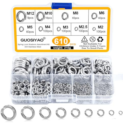 Kit De Rondelle Élastique 610Pcs Rondelles à Ressort Acier Inoxydable GB93 DIN127 Ressort Rondelles M2 M2.5 M3 M4 M5 M6 M8 M10 M12 Pour Ménage Applications