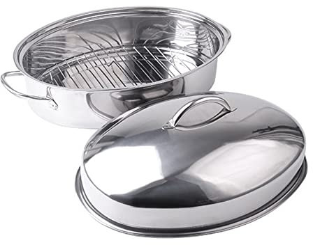 CHFYIJYHM Rôtissoire Ovale en Acier Inoxydable for Dinde, rôtissoire avec Couvercle en Forme de dôme, marmite à Poisson, cuiseur Vapeur for Dinde, Poulet et Jambon(Extra Deep)