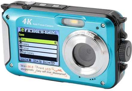 Fotocamera Subacquea 4K a Doppio Schermo Ad Alta Risoluzione con 56 MP, Zoom Digitale 16X e Ampia Memoria da 64 GB (BLUE)