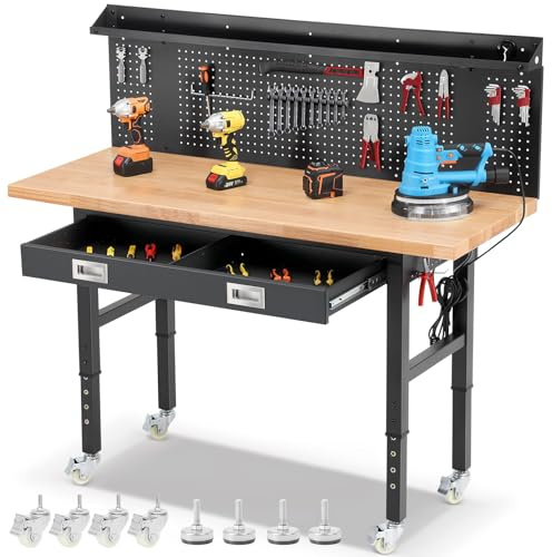 ENJOYWOOD 60 x 22'' Garage Workbench with Wheels Adjustable Height Rubberwood Work Table with Drawers, Pegboard, Power Outlets & LED Light Heavy Duty Rolling Workbench for Workshop & Home