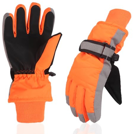 XTACER Kids Ski Snow Gloves Snowboard Winter Warm Cold Weather Gloves for Boys Girls Children (Neon Orange, 8-10 Years)
