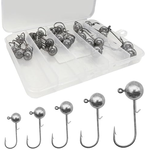 Anzuelos de Pesca mar Cabeza Plomada (25 Piezas), con Bolas de Plomo Redondas, Anzuelo de Plomo Afilados, con Caja de Aparejos Plástico, 7g/10g/12g/14g/17g