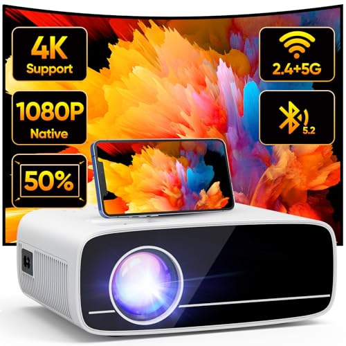 TMY Projector with WiFi and Bluetooth, Native 1080P Mini Projector, Portable Projector wirh 50% Zoom, Compatible with TV Stick/Phone/PC/DVD/HDMI/USB/TF, Movie Projector for Home Bedroom