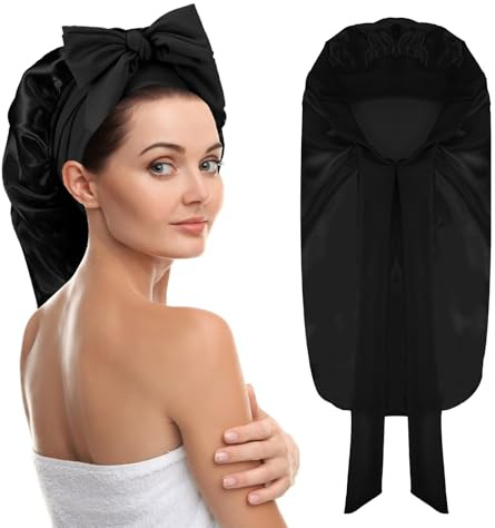 JIYIN Lange Satin Schlafmütze, Extra Schlafhaube Seide Verstellbar Seidenhaube zum Schlafen Lange Haare für Damen (Schwarz)