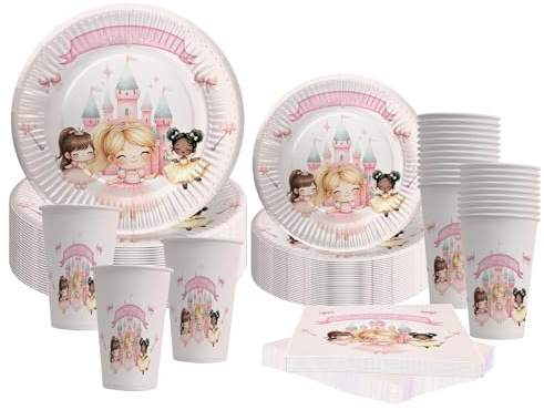 Custom Name & Age Fairytale Princess Party Decorations, Pink Castle Plates Cups Napkins, Daughters Birthday Tableware Supplies, Kids Themed Pack of 24