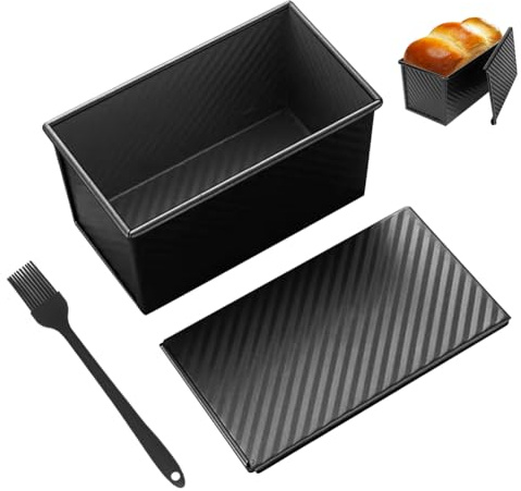 Penbinmall Teglia per pane con coperchio, teglia per pane con coperchio, antiaderente, teglia per pane con pennello per olio, stampi per pane per cuocere, toast, panino, torta (nero)