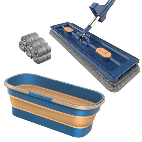 Mopa mágica plana grande de 360 grados con función de autoescurrido para limpieza de suelos y ventanas, color azul (mopa + 6 almohadillas + cubo incluido)