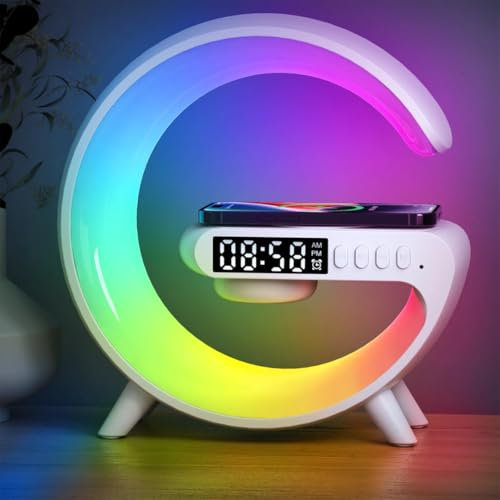 DOMIRA 6 Inch 1 Smart G-Shape Wireless Speeker Alarm Clock Fast Wireless Charging Lamp – RGB Light, Sound Machine – Smart Clock for Bedroom Accessories & Gifts – (White) [Energy Class E]