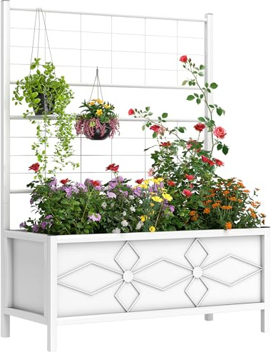 Outsunny Planter Box with Trellis, 35.4 x 15.7 x 47.2 inch Raised Garden Bed with Drainage Holes, Planters for Outdoor Plants, Vegetables, Flowers, Herbs, Trellis Planter, White