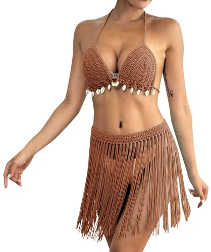 Bikini Women's Small Breasts Hand Crochet Two Piece Set for Women, Patchwork Fringe Bikini Top and Skirt Outfit Bikini String Set, brown, One Size