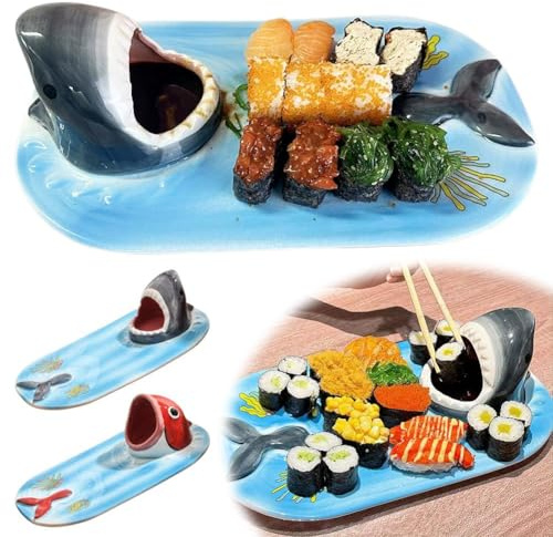 LZYWOD Shark Bowl Ceramic Sushi Plate Set - Shark Charcuterie Board & Serving Tray for Seafood, Parties, Kids, Ocean-Themed Decor, Shark Gift for Him/Her (Blue)