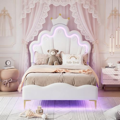 Barnsäng, klädsäng, 90 x 200 cm, barnsäng, flicka, enkelsäng med LED, sängram med ribbotten, ungdomssängar med justerbar LED-sänggavel och ribbotten, utan madrass (vit, 90 x 200 cm)