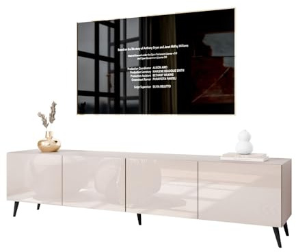Lookway Moderner wandhängender TV-Schrank in Kaschmir Hochglanz, optional mit LED-Beleuchtung auf schrägen Onyx-Beinen – COLGANTE 200 cm (mit LED Beleuchtung, Beine: Schwarz)