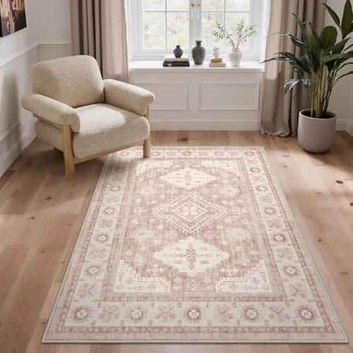 GENIMO Rugs Living Room 120x170cm,Large Washable Pink Rug with Non-Slip Backing,Boho Short Pile Soft Carpet for Home Office & Dining Room