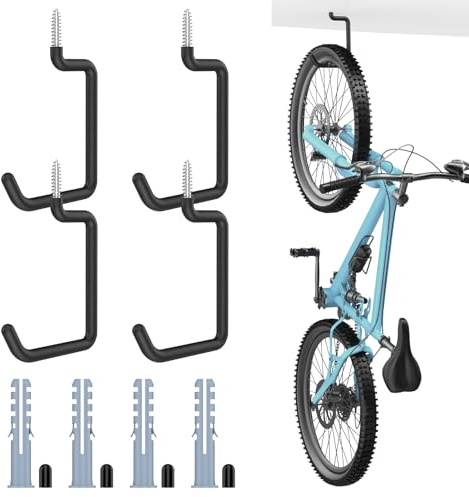 Housolution Ganchos de Rosca para Bicicleta, 8 Pulgadas, 4 Piezas, Carga 75 Libras, Revestimiento Antideslizante, Resistentes para Garaje, Pared y Techo, para Bicicleta, Silla Plegable y Escalera