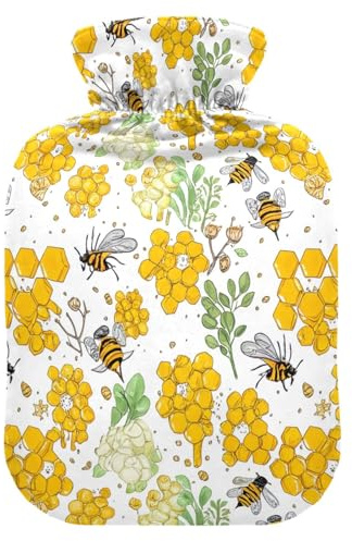 Honeycombs Bees - Botellas de agua caliente brillantes con cubierta suave, bolsa de agua caliente para compresas frías y calientes, tamaño mediano