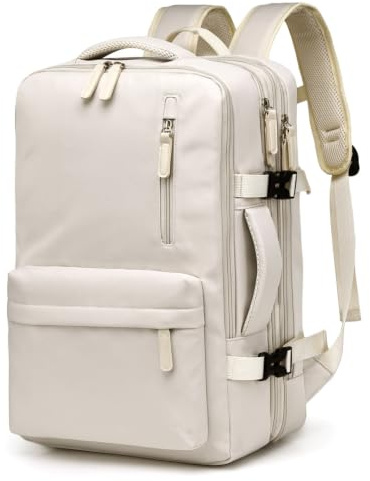 DYRBF Expanderbar handbagage ryggsäck för män kvinnor, 44 L reseryggsäck med laptopfack för 15,6 tum, vattentålig Oxford dagväska för affärsmöje, Vitt, 45X30X25CM, Klassisk