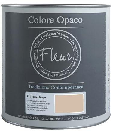 FLEUR DESIGNER'S PAINT | Pittura Chalk Paint Opaca, 2,5 L, Senza Carteggiare, Multisuperficie, Colore F12 James Taupe, Effetto Gesso, Per Pareti e Mobili, Extra Opaco, Ad Acqua, Made in Italy