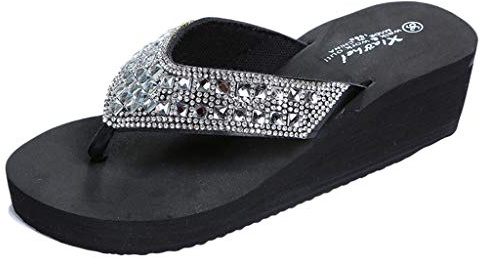 Yowablo Pantoufles Mode Été Femmes Strass Compensées Tongs Chaussures de Plage Décontractées (37,Noir)