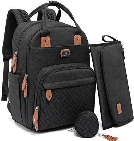 Dikaslon Baby Changing Bag Backpack, Large Baby Bag for Mum and Dad with 19 Pockets, Spacious Nappy Changing Bags with Mat, Pacifier Holder, Stroller Straps, Durable Polysteer (Black)