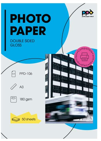 PPD 50 Blatt A3 180g Fotopapier Glänzend Beidseitig Inkjet | Fotopapier in Premium-Qualität mit Glänzend-Finish. Sofort Trocknend, Wasserfest und Gestochen Scharfe Details. PPD-106