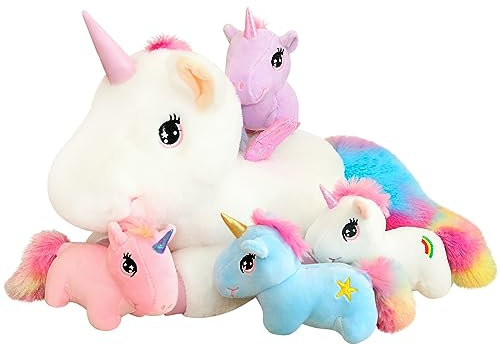 SQEQE Cute Unicorn Stuffed Animals with 4 Baby Unicorn Plushies in Her Tummy, Rainbow Flying Plush Pillow Toy with Wings, Valentines Birthday Gifts for Boys Girls