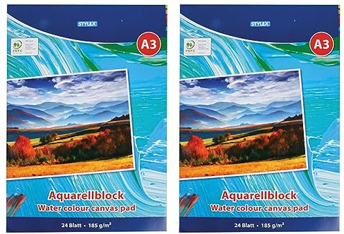 Stylex 28691 - Aquarellblock DIN A3, 24 Blatt 185 g/m², mit Kopfleimung, ideal für Amateur- und professionelle Künstler gleichermaßen (Packung mit 2)