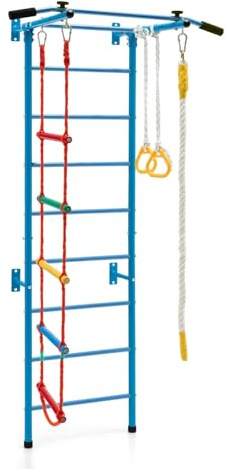 HOMASIS 5 en 1 Échelle Suédoise Murale, Espalier en Bois avec Barre de Traction, Échelle de Corde, Corde et Anneaux de Gymnastique, Jeu d’Escalade pour Adultes et 3 Ans+ (Bleu)