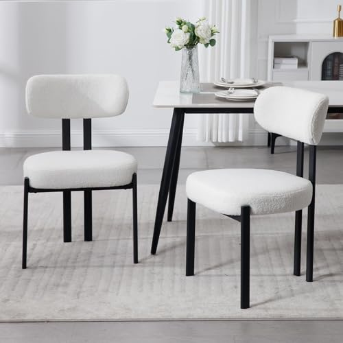 Ya-Home Esszimmerstühle 2er Set, Runde Boucle Stühle, Weiß | Küchenstühle aus Teddy Stoff, Dining Chairs mit Metallbeinen, Polsterstühle Wohnzimmerstuhl für Küche Wohnzimmer