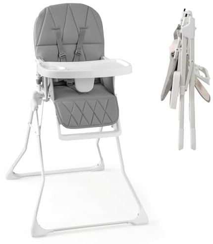 GYMAX High Chairs for Babies and Toddlers, Compact Foldable Highchairs with 3-Position Adjustable Tray & Footrest, Removable Seat Cushion, 5-Point Safety Harness, Portable Baby Feeding Chair (Grey)