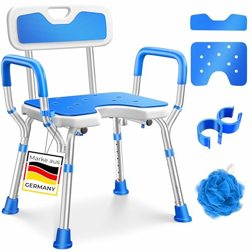 KESSER Tabouret de douche avec dossier pour personnes âgées et chaise de douche enceinte portée 150 kg, 6 niveaux, hauteur réglable 38-54 cm, avec pieds antidérapants, tapis et support de douche