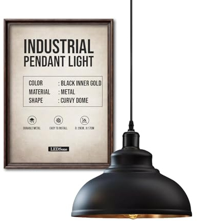 LEDSone Industriel Suspension Luminaire Rétro Lustre Plafonnier Vintage Lampe Éclairage de Plafond Abat-jour en Métal pour Restaurant Salon Chambre Cuisine Bar Couloir (Noir intérieur doré)