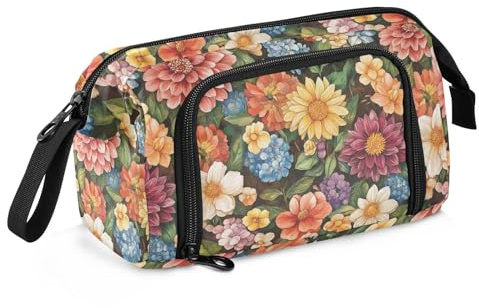 KLL Astuccio di grande capacità con manico, astuccio con cerniera, per adolescenti, cosmetici, fiori primaverili, dalie, narcisi, giacinti marroni