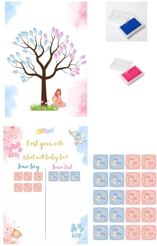 Eedama Decor Pack Gender Reveal globo revelación | cañon de confeti rosa y azul | árbol de huellas + juego de votación| Adhesivos team boy team girl
