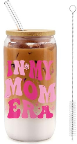 FIDWALL Iced Coffee Cup,16oz Glass Cups with Lids and Straws,Pink Letter Design Glass Coffee Cup with Lid,Thoughtful Mum Birthday Gifts,Unique Gifts for Mum