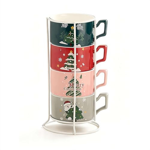 Juego de 4 tazas de Navidad apilables, taza de café de 12 onzas con soporte, tazas de Navidad de cerámica con arte festivo, aptas para microondas y lavavajillas, regalo para fiestas de vacaciones