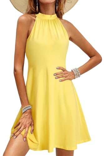 OUGES Robe D'éTé Ladies Knee Length Halterneck Dress Summer Floral Pattern Elegant Cocktail Dress(Jaune-S)