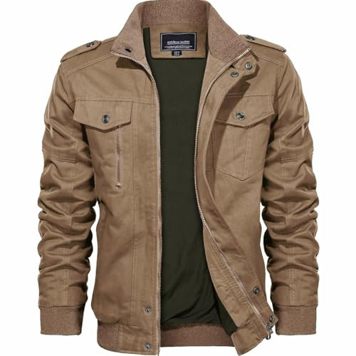 KEFITEVD Primavera Chaqueta Moto Hombre Verano Algodón Bomber Militares Chaqueta Caqui L