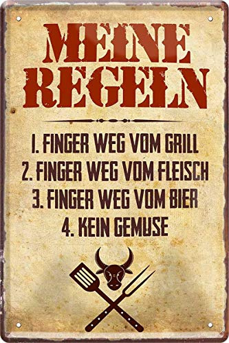 WOGEKA ART Retro Blechschild - Meine Regeln: Finger weg vom Grill, Fleisch, Bier - witziger Spruch als Geschenk-Idee Geburtstag Weihnachten Deko 20x30 cm Vintage-Design Metall 636