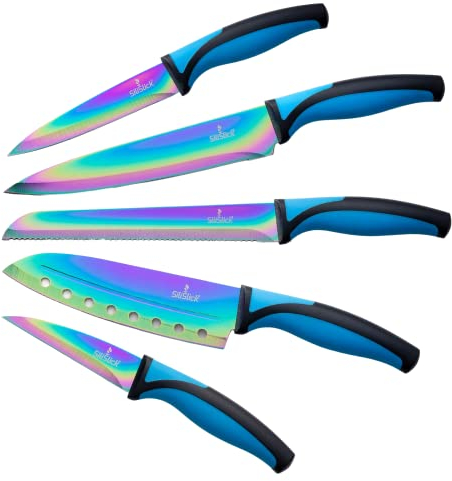 SiliSlick Ensemble de Couteaux de Cuisine Colorés avec Revêtement en Titane - Ensemble de couteaux en acier Inoxydable avec Couteau Utilitaire de Cuisine, Santoku, Pain, Chef et Couteaux Paring