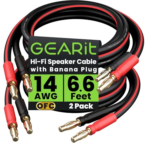 GearIT 14 AWG Speaker Cable Wire with Banana Plugs (2 Pack, 3.3 Feet - 1 Meter) 14Ga Gauge Banana Wire for Bi-Wire Bi-Amp HiFi Surround Sound - 99.9% OFC Copper, Gold Plated Tips - Black, 3 Ft
