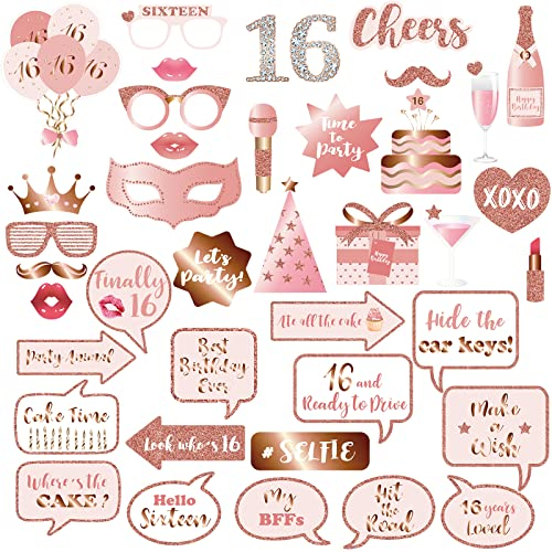 Rose Gold Sweet 16 Photo Booth Props and Signs Kit with Sticks - Birthday Party Selfie Decorations and Supplies for Girls and Women