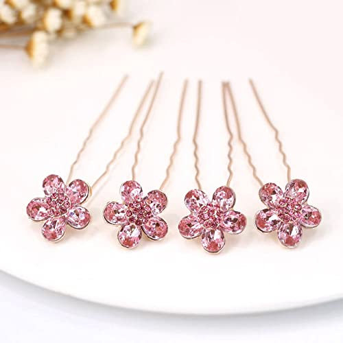 4 Pezzi Forcella Per Capelli A Forma Di U Fiore Di Cristallo D'Imitazione Pettine Per Capelli Da Sposa Forcine Per Capelli Accessori Per Capelli Alla Moda Per Le Donne,Rosa