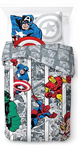 Jay Franco Marvel Comics Comic Cool Juego de Ropa de Cama Infantil 100% Algodón 135 x 200 cm Tamaño Cama Individual - Funda Nórdica + Funda de Almohada 50 x 70 cm